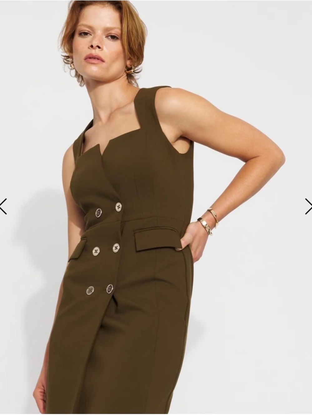 White House Black Market Olive Double-Breasted Midi Dress with Square Neck